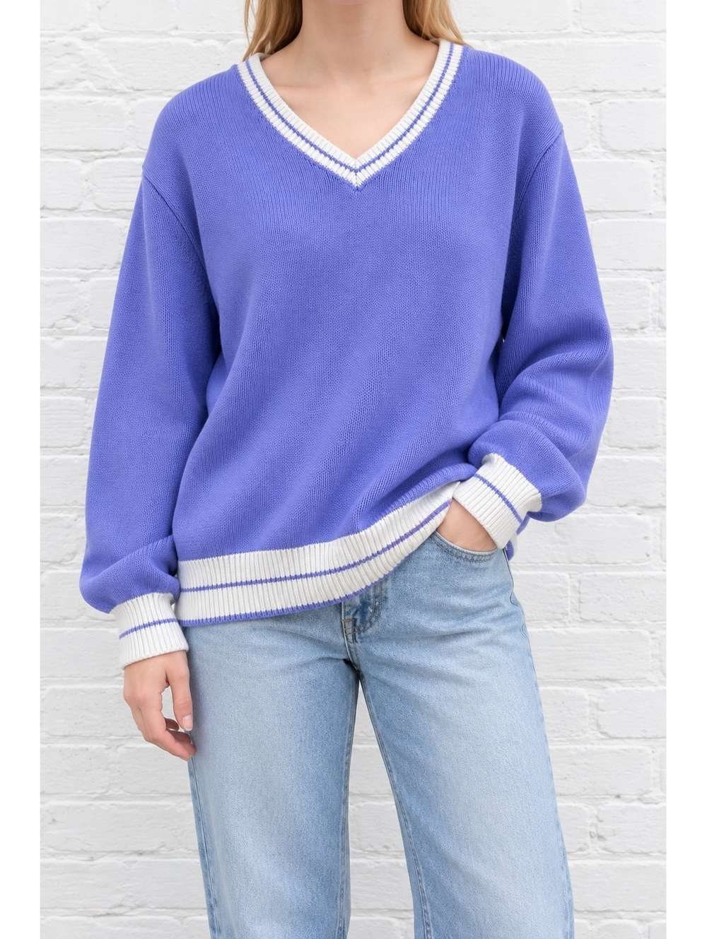 Brandy Melville Nikki Periwinkle Blue White Varsity V Neck Sweater One Size